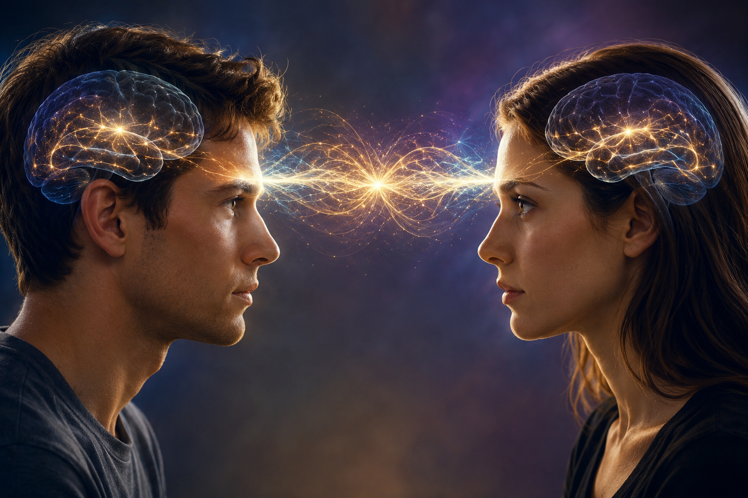 A man and woman looking into each other's eyes while sharing a glowing psychic connection